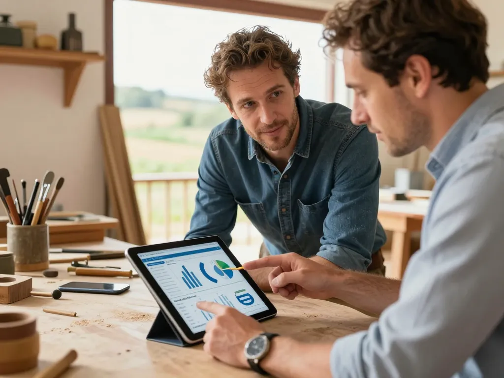 Un artisan et un expert numérique collaborent sur une tablette dans un atelier traditionnel du Pays Catalan.