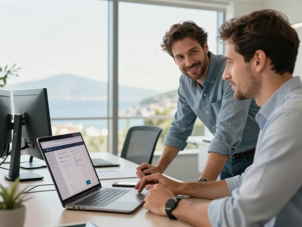 Deux experts d'une agence web locale discutant d'un projet numérique avec un entrepreneur dans un bureau lumineux.