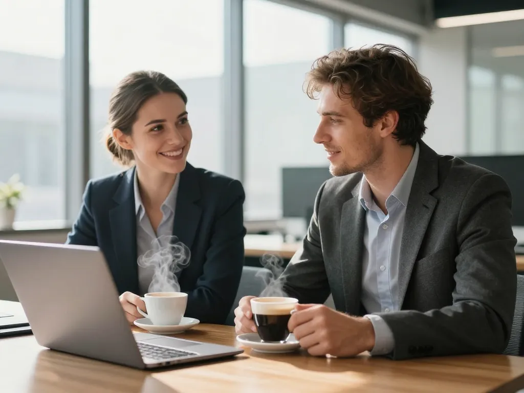 Deux professionnels du web échangeant avec sourire autour d'un café dans un bureau moderne et lumineux à Saint-Estève.