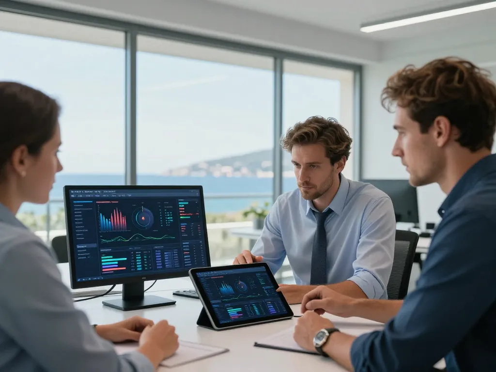 Une équipe de professionnels analysant des données de conversion analytique sur une tablette dans un bureau moderne avec vue sur le littoral.
