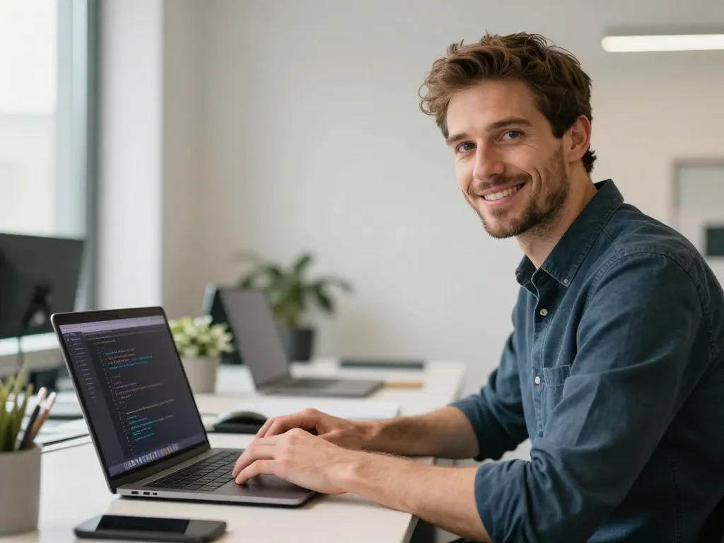 Arnaud, expert WordPress passionné et concentré, travaillant sur son ordinateur dans un bureau technologique moderne.