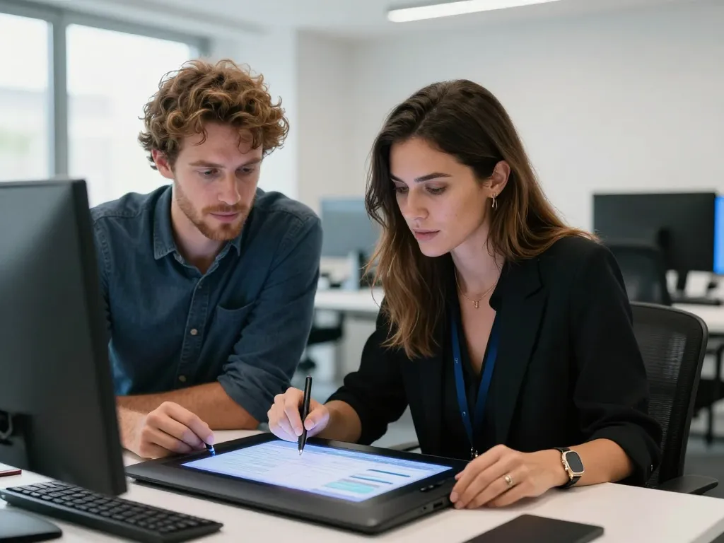 Arnaud et Julie, directrice artistique, collaborant sur une interface design dans un bureau high-tech moderne.