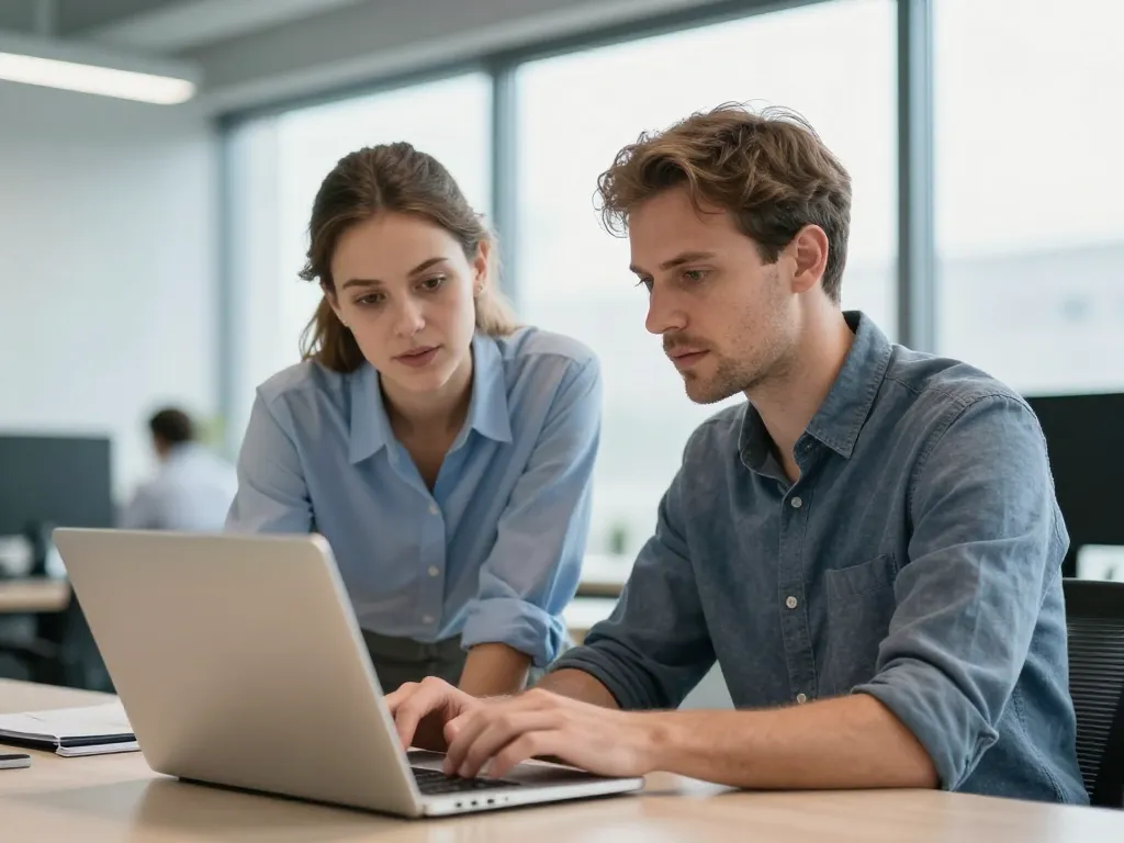 Arnaud et Julie, experts techniques travaillant ensemble sur un projet WordPress dans un bureau moderne.
