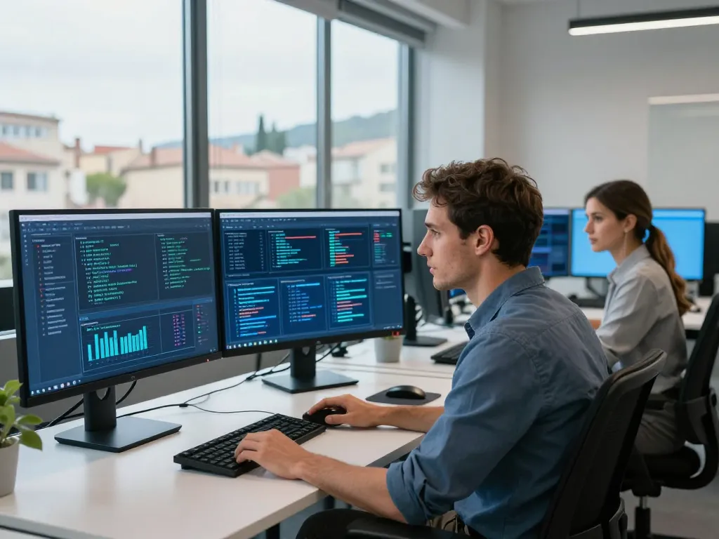 Experts en référencement analysant un audit technique et sémantique sur des écrans haute résolution dans une agence web à Perpignan.