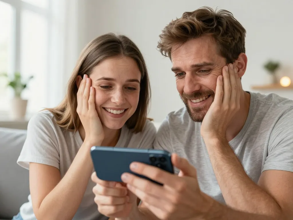 Un couple heureux découvrant un nouveau smartphone haut de gamme dans un intérieur moderne et lumineux.