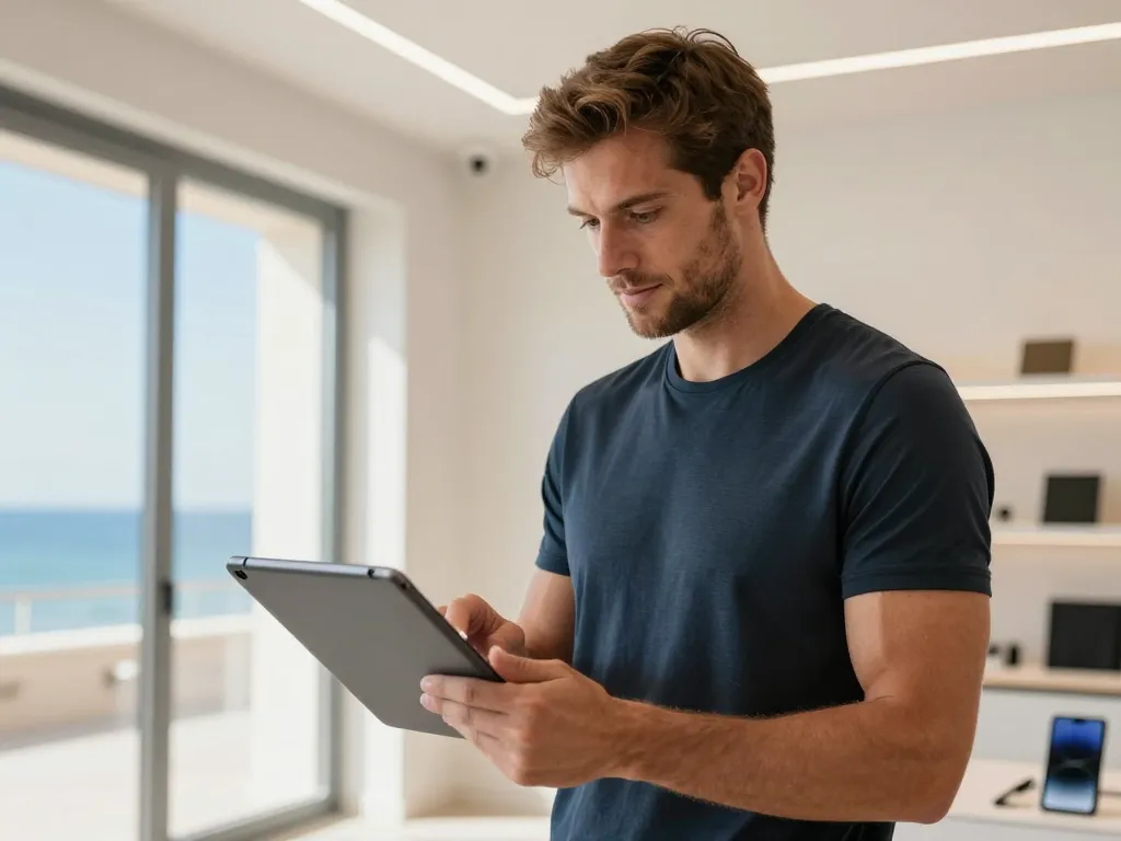 Homme sportif consultant une tablette tactile dans un magasin de haute technologie moderne à Canet.
