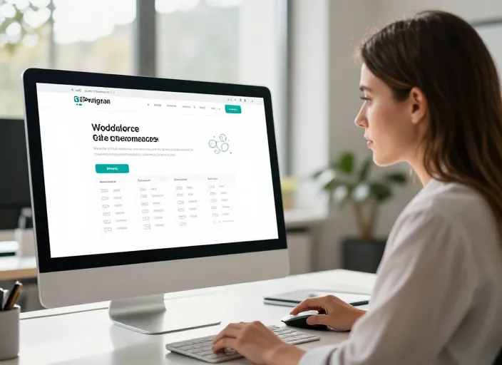 Une professionnelle gérant une boutique en ligne WooCommerce sur un écran d'ordinateur dans un bureau moderne à Perpignan.