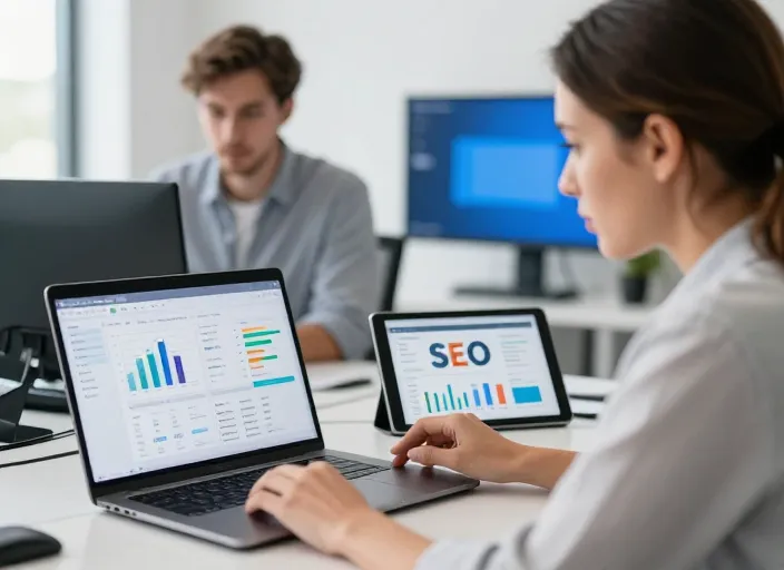 Développeurs experts analysant des statistiques de vente WooCommerce et des graphiques de performance SEO dans un bureau high-tech.