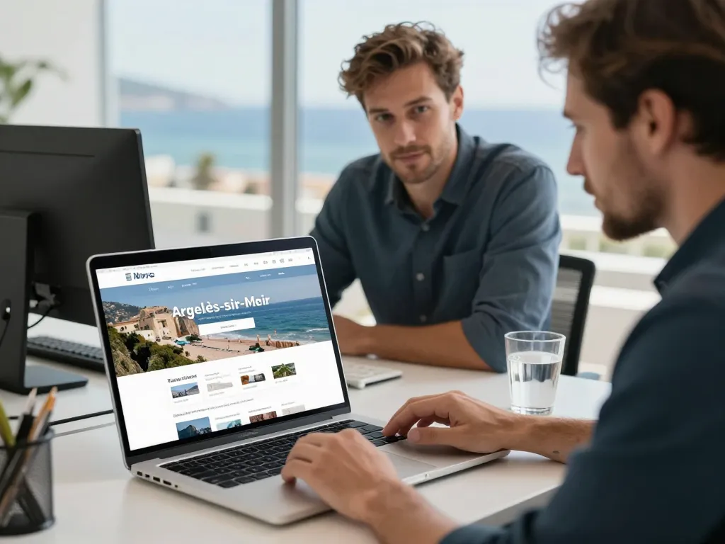 Développeur web présentant la création d'un site internet sur mesure à un client dans un bureau moderne à Argelès-sur-Mer.