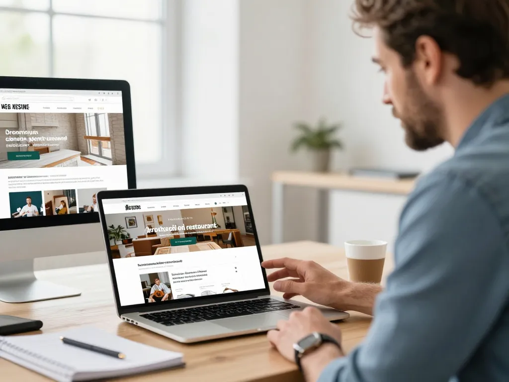 Développeur web montrant des exemples de sites internet pour un maçon et un restaurant local sur un ordinateur dans un bureau moderne.