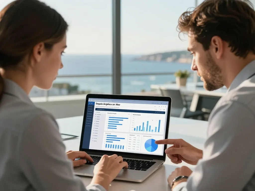 Couple d'entrepreneurs analysant un site web de vente performant dans un bureau moderne avec vue sur le littoral de Canet-en-Roussillon.