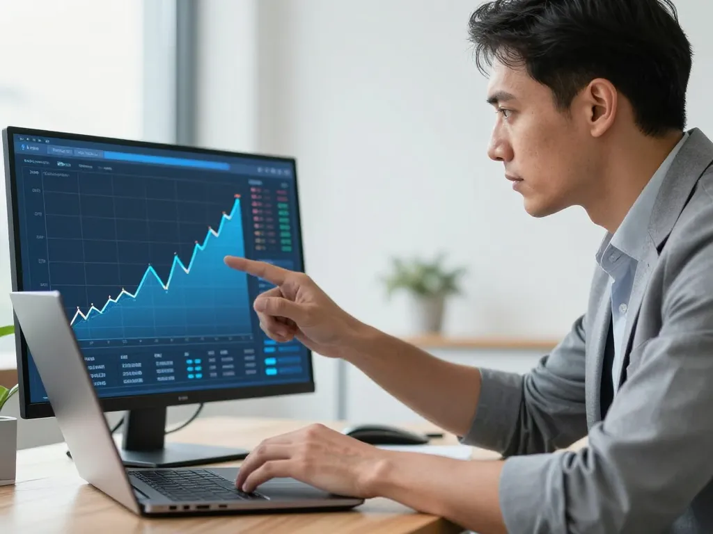 Expert en marketing numérique analysant des graphiques de croissance et de rentabilité sur un tableau de bord de performance.