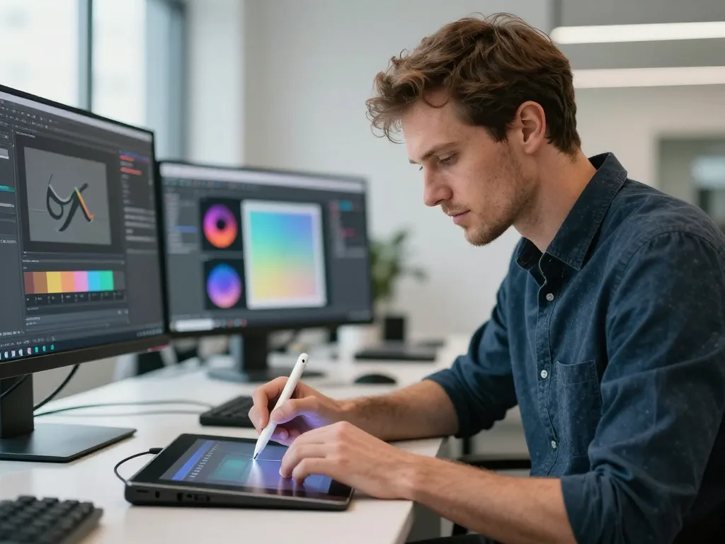 Graphiste professionnel travaillant sur une tablette numérique dans un studio moderne pour la création d'identité visuelle.