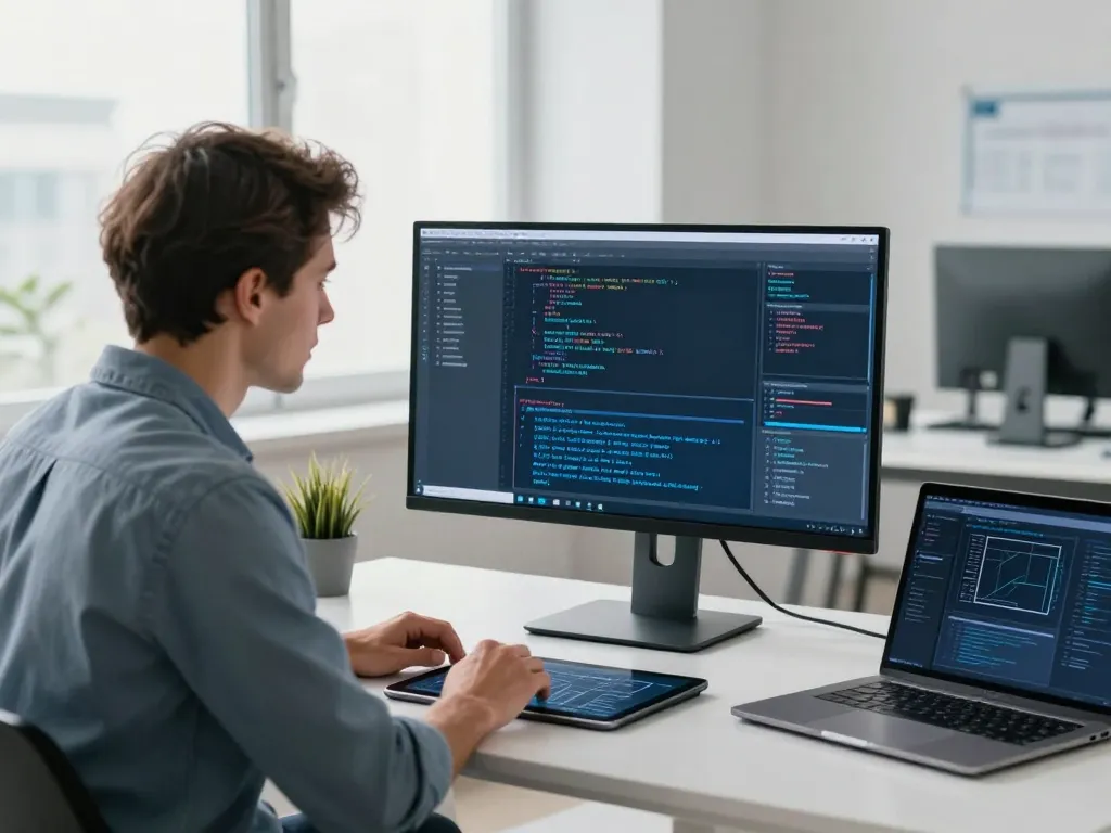 Un designer et une développeuse travaillent ensemble sur une interface numérique et du code informatique dans un bureau moderne.