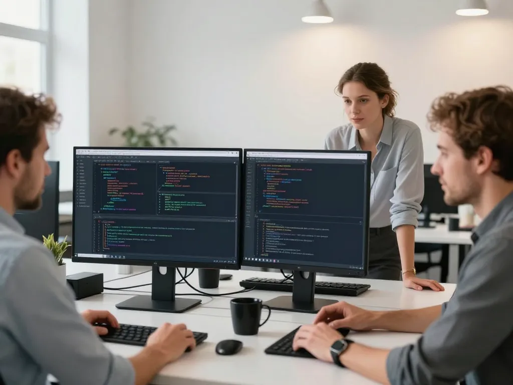 Équipe de développeurs et designers web travaillant sur un projet digital sur mesure dans une agence de haute technologie à Perpignan.