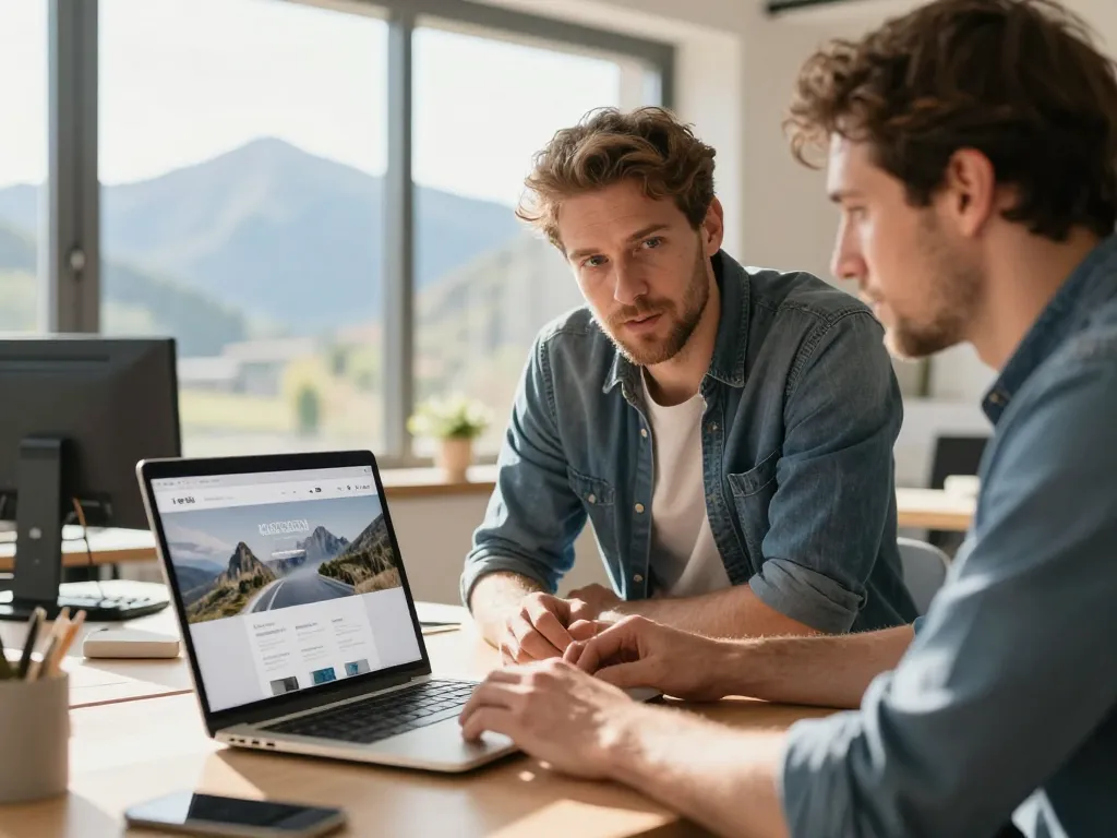 Un développeur web et un artisan des Pyrénées-Orientales collaborent sur la création d'un site internet sur mesure dans un bureau lumineux.