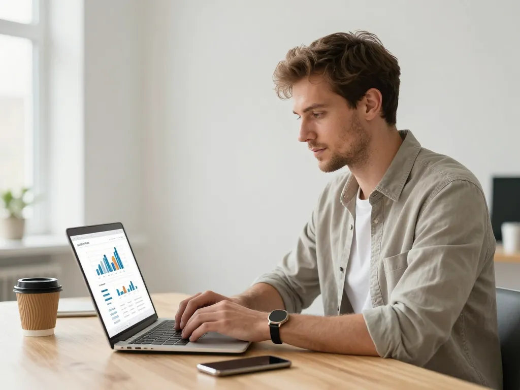 Entrepreneur souriant et serein consultant son nouveau site internet sur un ordinateur portable dans un bureau moderne et lumineux.