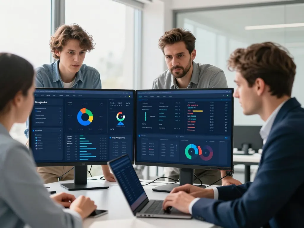 Équipe d'experts en stratégie digitale analysant des graphiques de performance Google Ads dans un bureau moderne à Perpignan.
