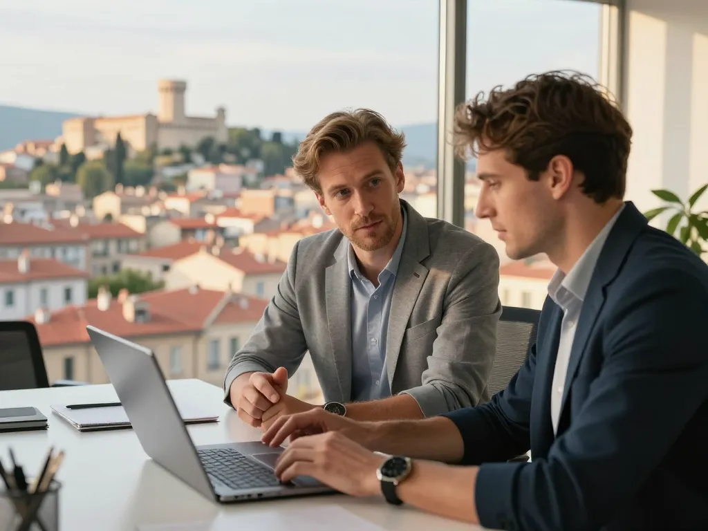 Un expert web et un chef d'entreprise discutent devant un ordinateur avec une vue panoramique aérienne sur les toits de Perpignan et le Castillet.