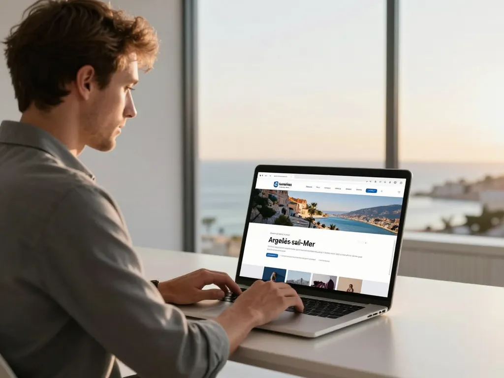 Expert en design web travaillant sur une interface numérique devant une vue panoramique de la côte à Argelès-sur-Mer.