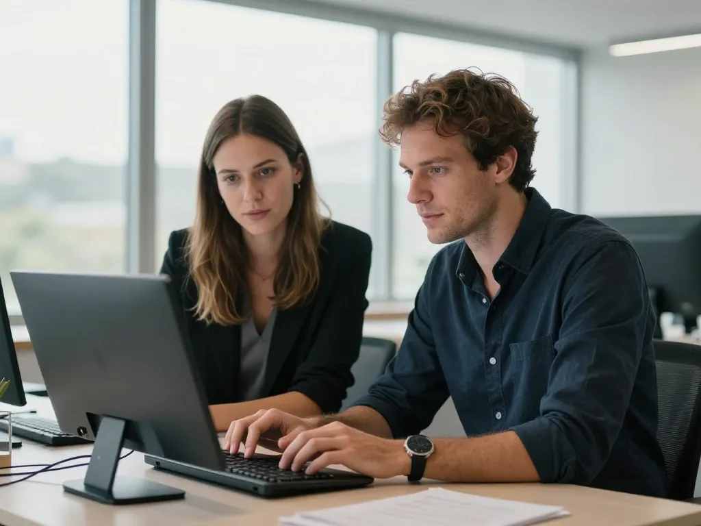 Sarah et Julien, experts en nouvelles technologies, collaborent sur un projet technique dans un bureau moderne à Saint-Estève.