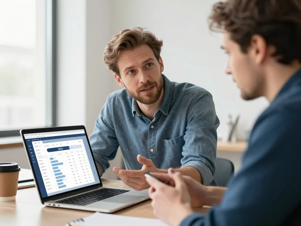 Un expert en marketing digital forme un artisan local devant un ordinateur portable dans un bureau moderne et lumineux.