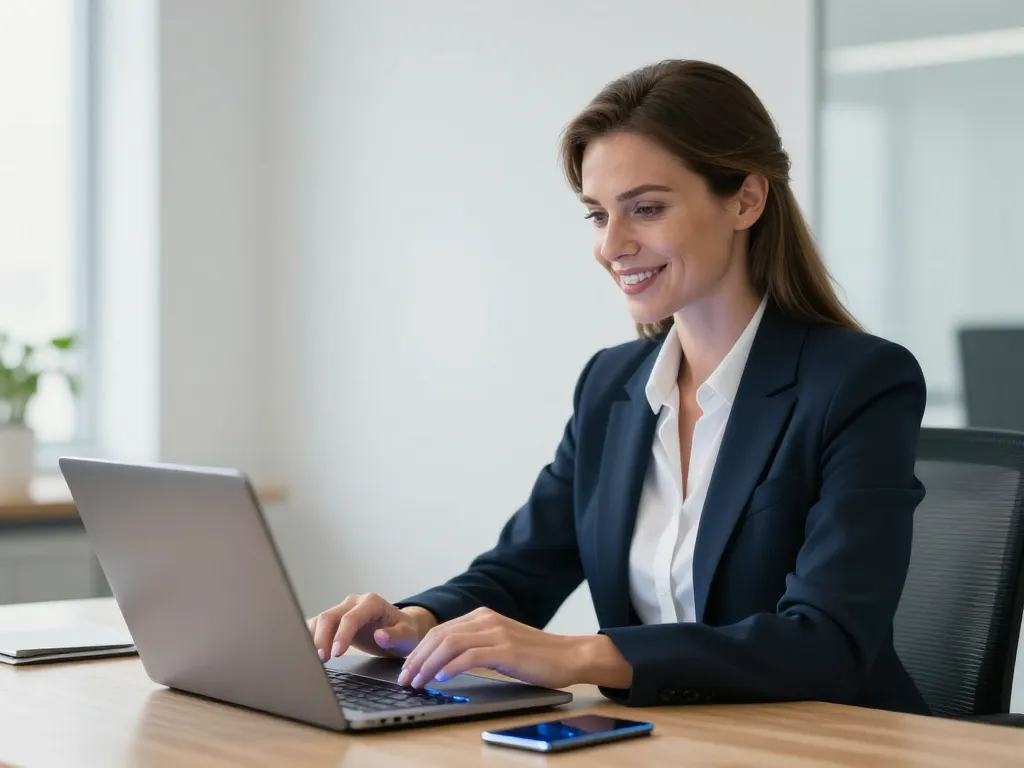 Professionnelle souriante utilisant un ordinateur portable dans un bureau moderne pour gérer ses solutions de paiement.