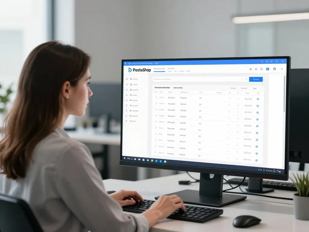 Une responsable e-commerce gérant un catalogue de produits volumineux sur le tableau de bord d'administration PrestaShop dans un bureau moderne.