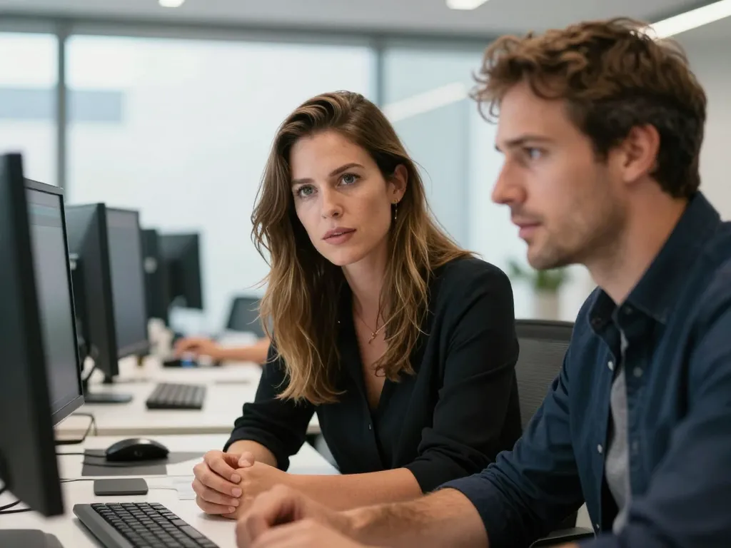 Julie et Marc Antoine, designers graphiques à Perpignan, en pleine session de travail collaboratif dans un bureau moderne.