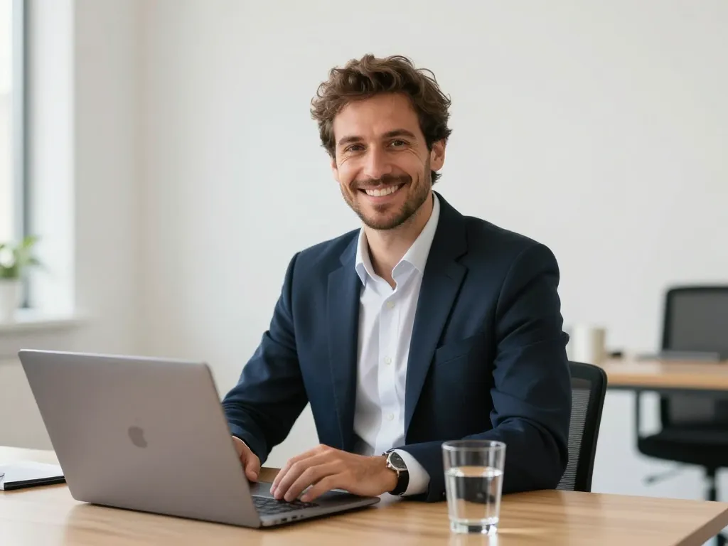 Portrait professionnel de Julien souriant dans un bureau moderne pour l'accompagnement des entrepreneurs du pays catalan.