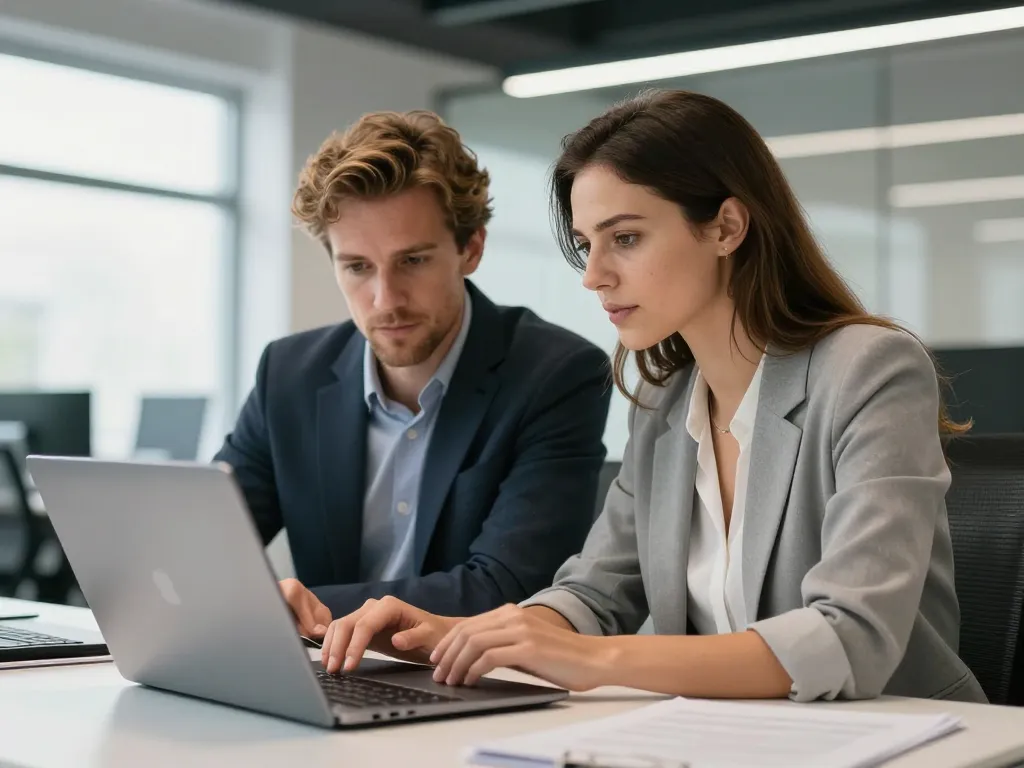 Julien et Émilie, experts en solutions numériques, travaillant ensemble dans un bureau moderne au Soler.