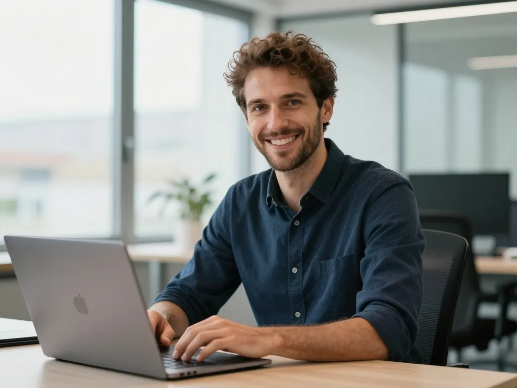 Portrait professionnel de Julien, expert en référencement naturel à Perpignan, dans un bureau moderne et technologique.