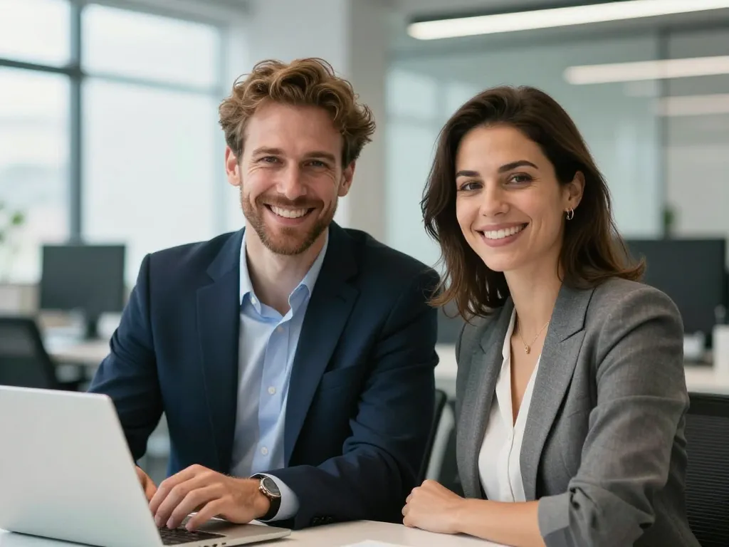 Julien et Maria souriant chaleureusement dans un bureau moderne et technologique pour l'assistance client.