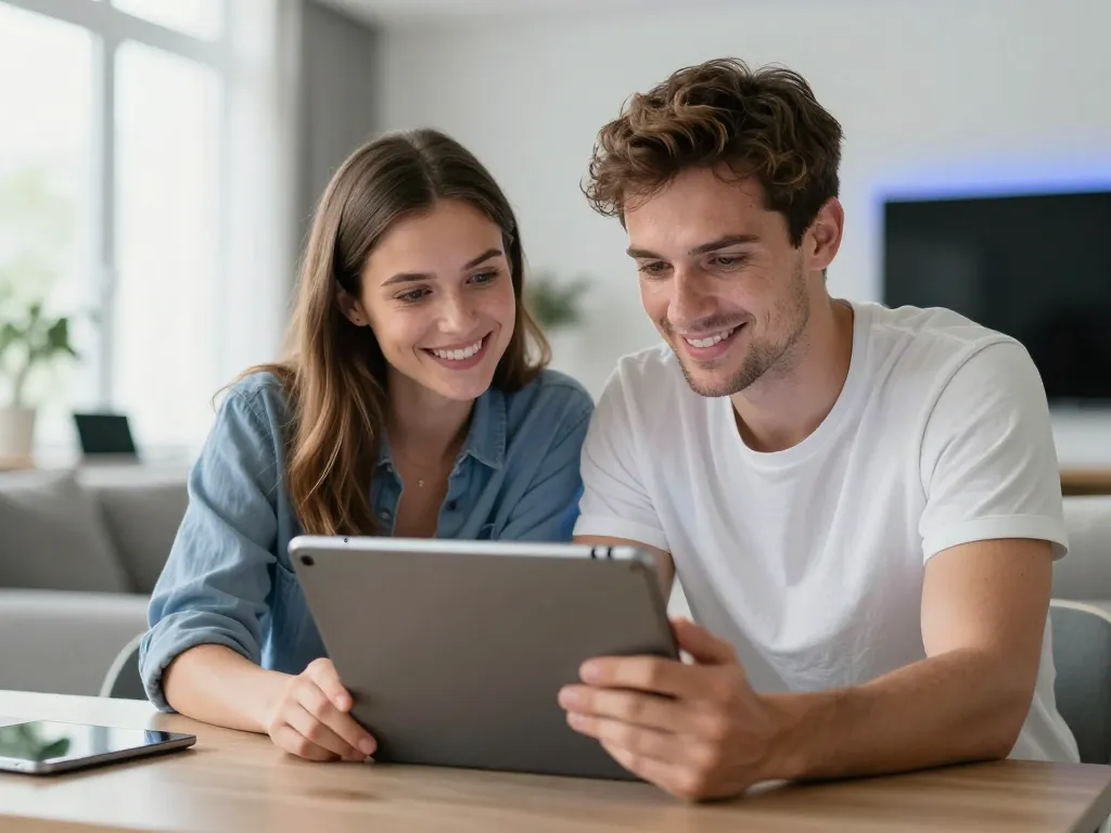 Julien et Sarah souriant devant une tablette numérique dans un salon au design technologique et épuré.