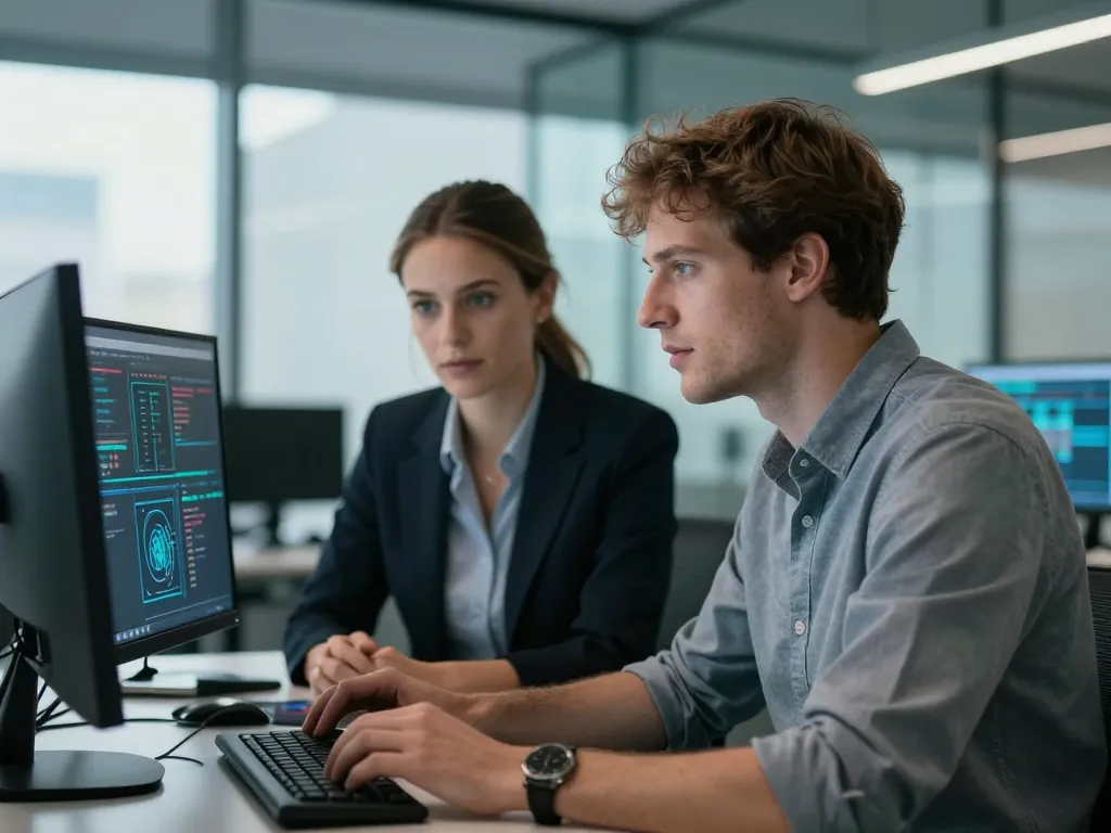 Julien et Sarah, experts en stratégie numérique, travaillant ensemble sur une analyse de données pour un audit SEO gratuit.