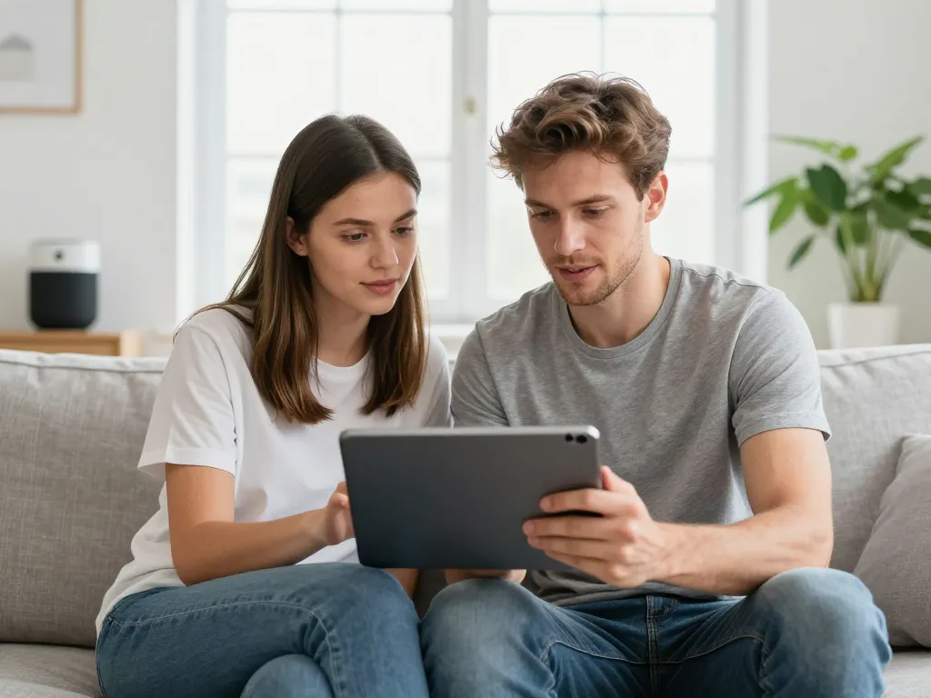 Portrait de Léa et Julien, un jeune couple souriant, découvrant ensemble les fonctionnalités d'une tablette tactile dernier cri dans un salon moderne et lumineux.