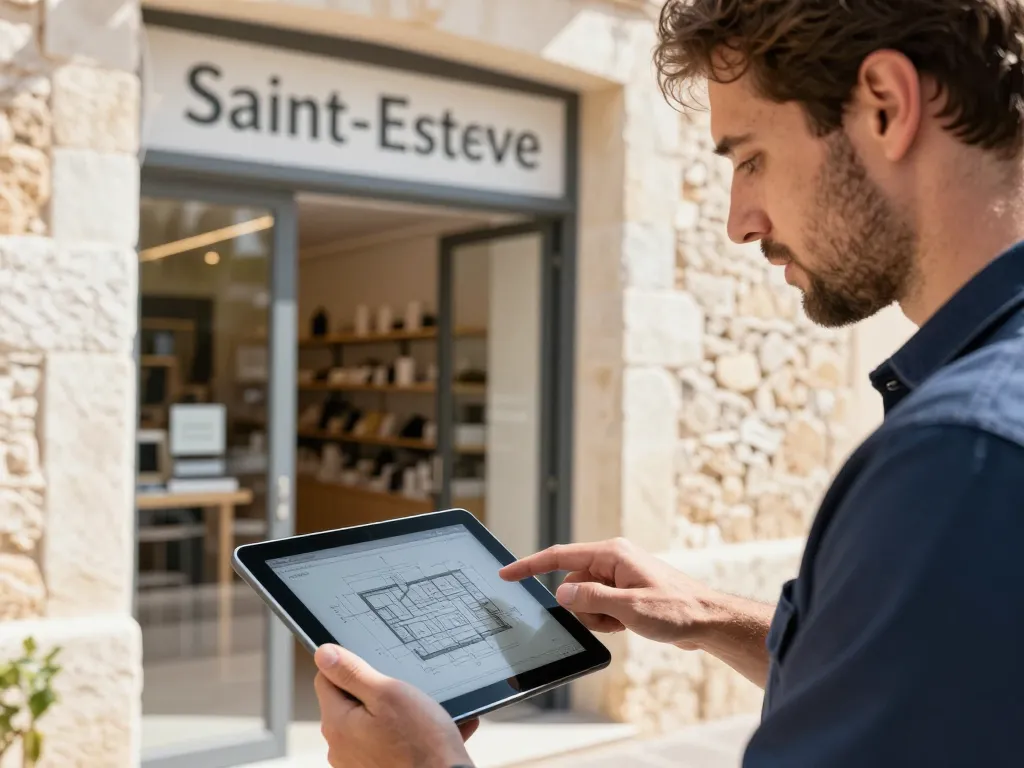 Maçon professionnel présentant des plans numériques sur tablette à une commerçante devant une façade en pierre à Saint-Estève.