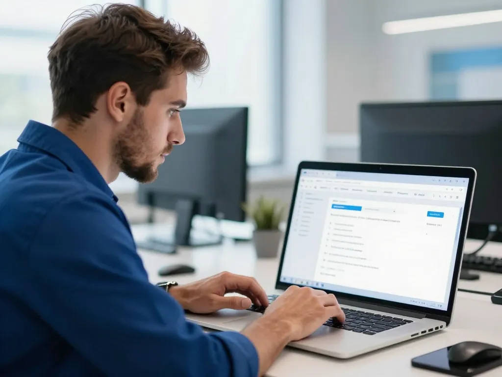 Spécialiste en informatique optimisant un tableau de bord WordPress pour assurer la sécurité et la performance d'un site web.