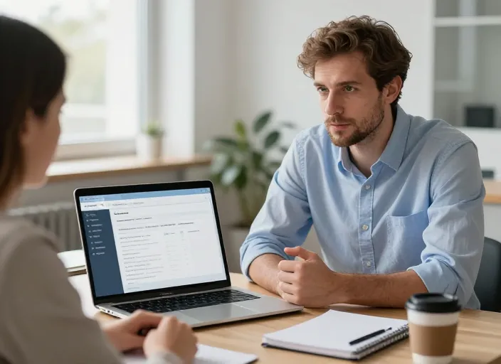 Réunion de travail entre un développeur et sa cliente pour le suivi de maintenance d'un site WordPress dans un bureau à Perpignan.