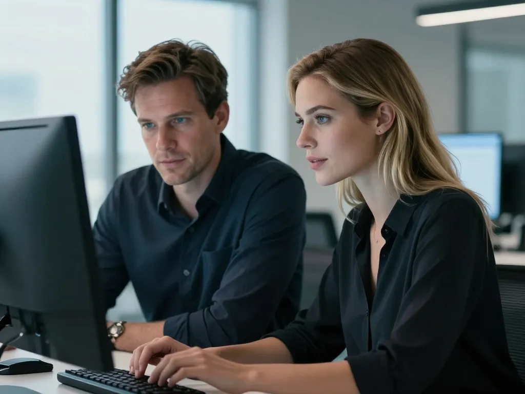 Marc-Antoine et Elodie, experts en développement WordPress, collaborant avec professionnalisme dans un bureau moderne.