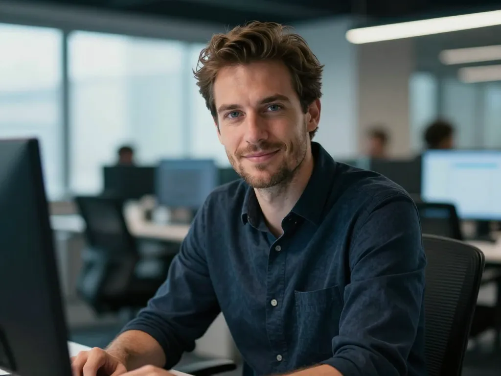 Portrait professionnel de Marc Dupont, expert en développement web, souriant dans un environnement de bureau moderne de haute technologie.