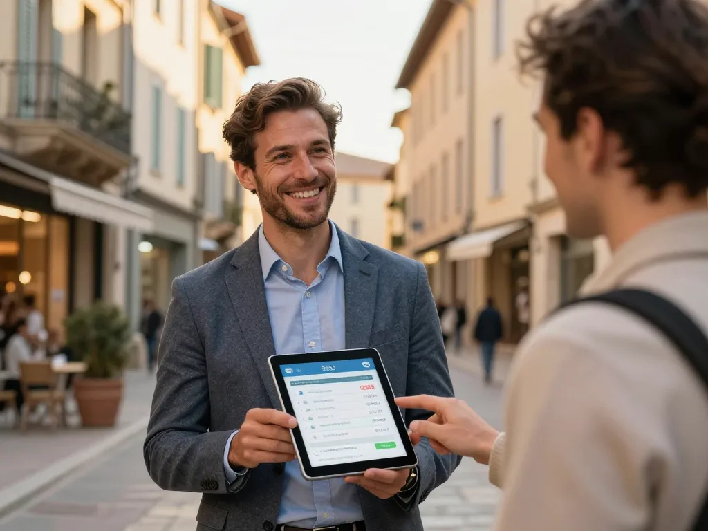 Entrepreneur local à Perpignan présentant sa visibilité numérique sur une tablette devant son commerce.