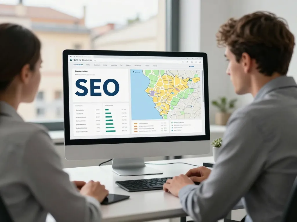 Deux experts en marketing numérique analysant des stratégies de référencement local devant un écran affichant des données statistiques à Perpignan.