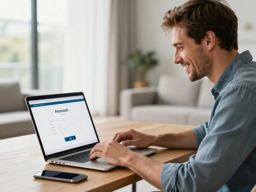 Homme souriant devant son ordinateur confirmant un achat sécurisé par paiement fractionné dans un intérieur moderne