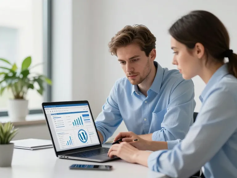 Experts en développement web travaillant sur l'optimisation SEO et l'interface WordPress dans un bureau moderne et lumineux.