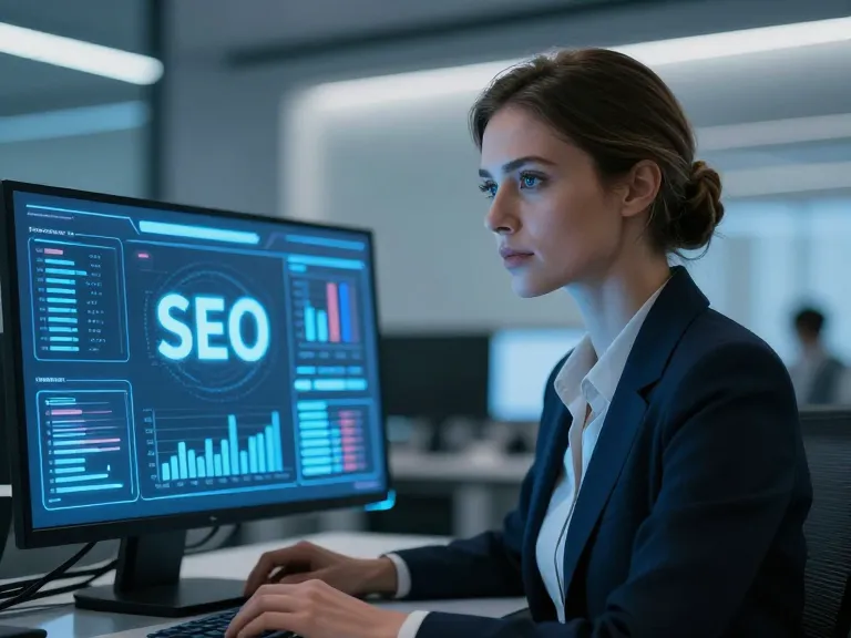 Une professionnelle analysant des indicateurs de performance technique et des données SEO sur plusieurs écrans haute technologie.