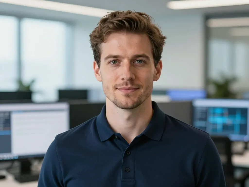 Portrait de Thomas Roux, développeur web professionnel au sein d'un bureau moderne et technologique.