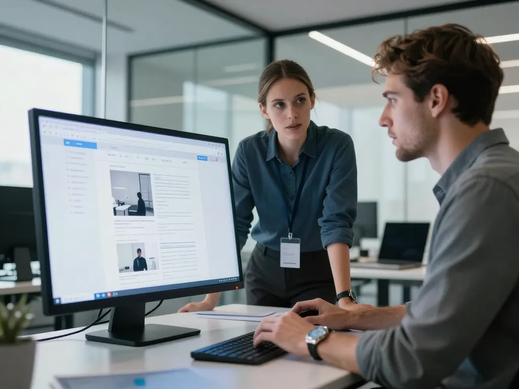 Un designer et un client collaborent sur la maquette d'un site internet affichée sur un grand écran tactile dans un bureau moderne.
