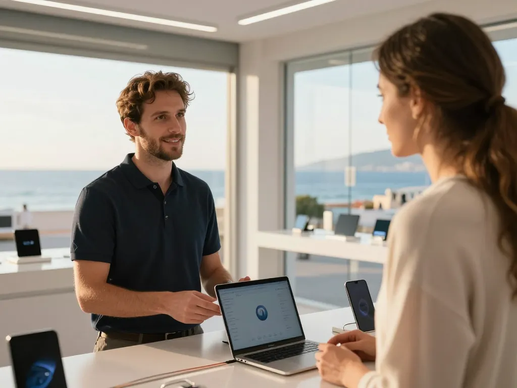 Boutique high-tech moderne à Canet-en-Roussillon présentant une interaction professionnelle entre un commerçant et son client.