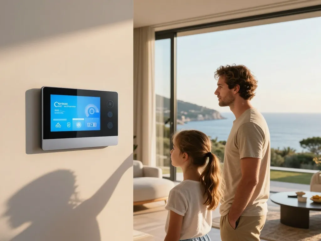 Famille utilisant une interface tactile de maison connectée dans un salon moderne avec vue sur la mer.